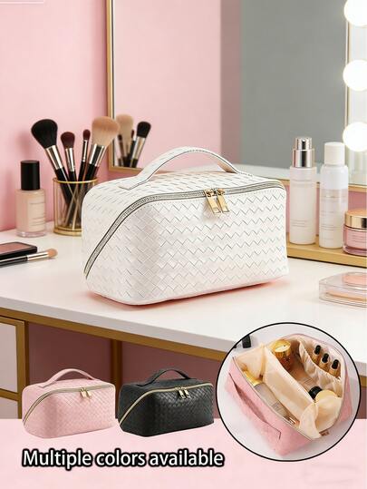 1个高级奢华化妆包，编织纹理PU皮革防水化妆包，便携式化妆品收纳包，大容量旅行配件包，化妆袋，化妆包，旅行化妆包，家用化妆包，学生化妆包，宿舍化妆包，旅行必备，过夜包，多功能包，伴侣包，情人节礼物，母亲节礼物，邮轮必备，送给她的最佳礼物，梳妆台装饰