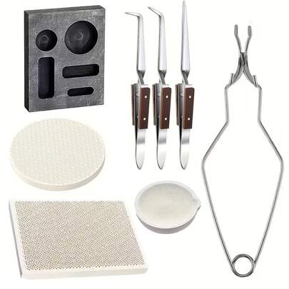Juego de moldes de fundición de metal - Incluye bandeja de grafito, placa de soldadura en panal redonda/cuadrada, cuenco de fusión de 100g, pinza, pinzas de punta afilada, recta y curva, herramientas de procesamiento de metal de alta precisión, molde duradero, para joyeros, adecuado para manualidades de joyería, suministros de fundición de joyería
