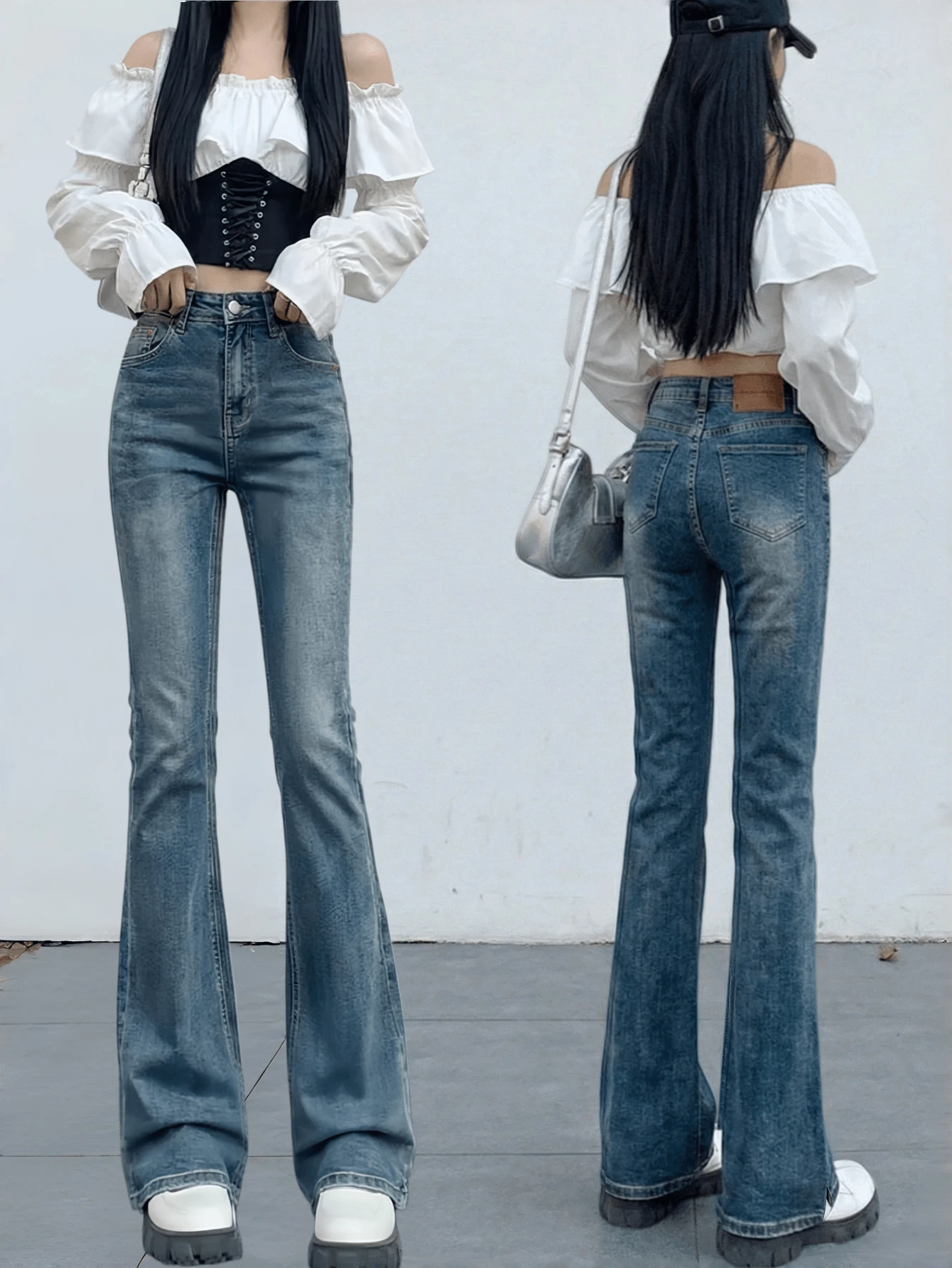 YEAE | Women's Black Flare Jeans, Casual Long Non-Stretch Denim Pants With Button Pockets And Zipper Details Spring