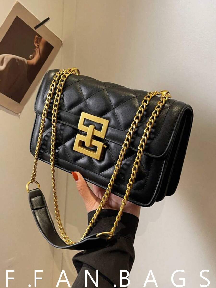 极简金属装饰链条单肩包，优雅PU皮革斜挎包，女士时尚手提包兼钱包 - 黑色 - 查看 1