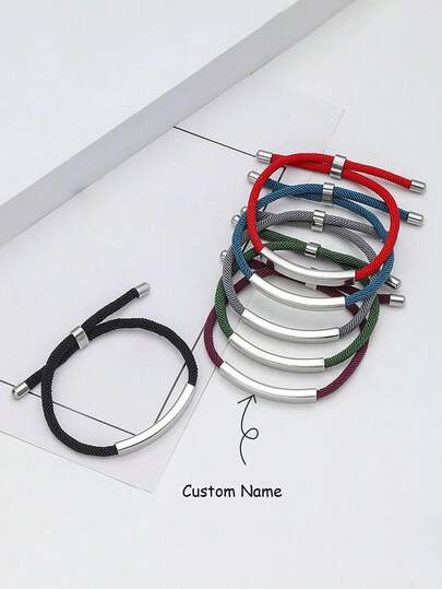 Custom Name/Text Engraved Curved Bar Braided Rope Bracelet | Adjustable Multi-Color Woven Strap & Stainless Steel Bar | Fashionable, Colorful, Retro, Simple, Neutral, Casual, Cute, Custom, Personalized & Unique Jewelry | Ideal Romantic Gift For Her, Boyfriend, Girlfriend, Dad, Mom, Family & Friends | Perfect For Valentine's Day, Birthday, Anniversary & Graduation