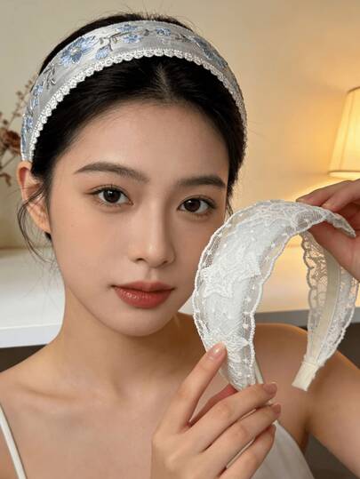 1 Set mit 2 Stück Damen Spitze Breit Haarband, bestickte Haarband Accessoires, eleganter vintage französischer Boho-Stil, geeignet für Reisen, Hochzeit Braut/Brautjungfer, Valentinstag