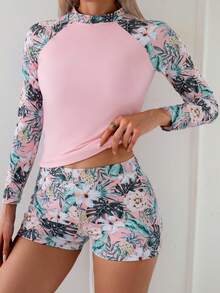 夏季海滩度假热带花卉印花泳衣，高弹力修身两件式长袖吊带泳衣套装 - 淺粉色 - 查看 2