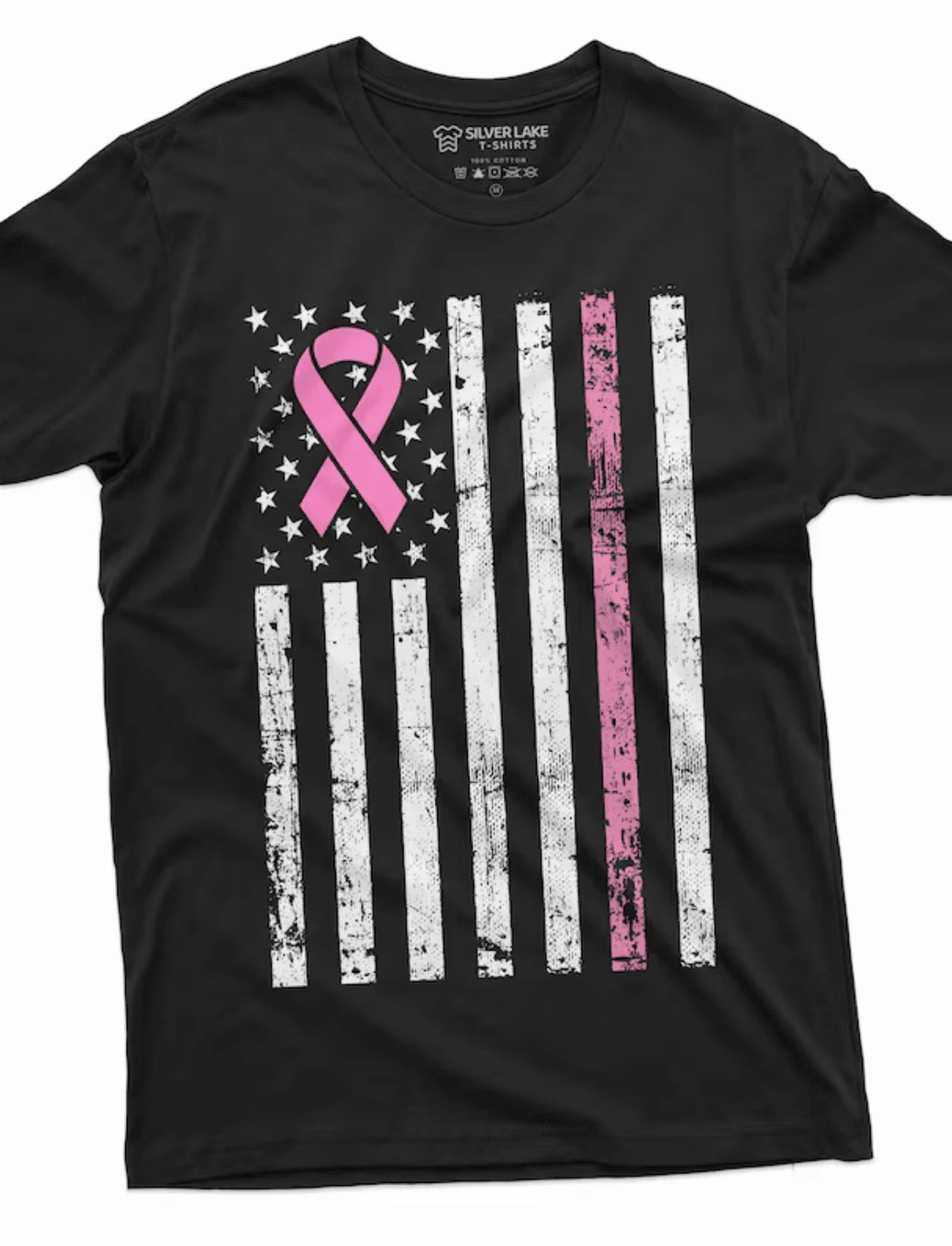 USA Flag Cancer Awareness Ribbon T-Shirt Mens Womens Unisex American Flag Awareness Tee Shirt Breast Cancer Day Tee Shirt - 黑色 - 查看 1