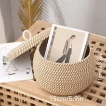1个手工编织圆形带盖收纳篮，桌面整理篮，可收纳鸡蛋、零食、杂物、水果、化妆品等。 - 彩色 - 查看 13