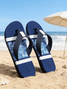 男士人字拖，休闲一脚蹬人字拖，灰色和绿色带子，平底，适合户外、海滩、夏季 - 藍色 - 查看 2