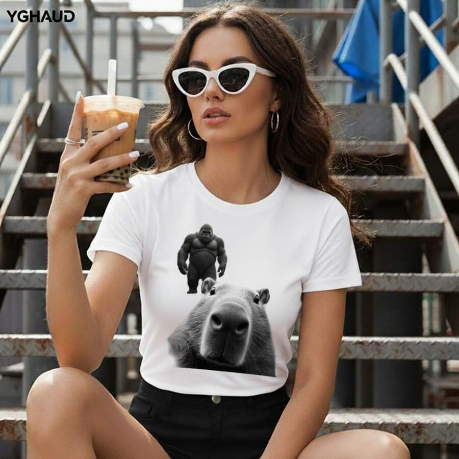 Young Women Printed Tee Warm Weather Short Sleeve Relaxed Fit Travel Outfit - White - View 1