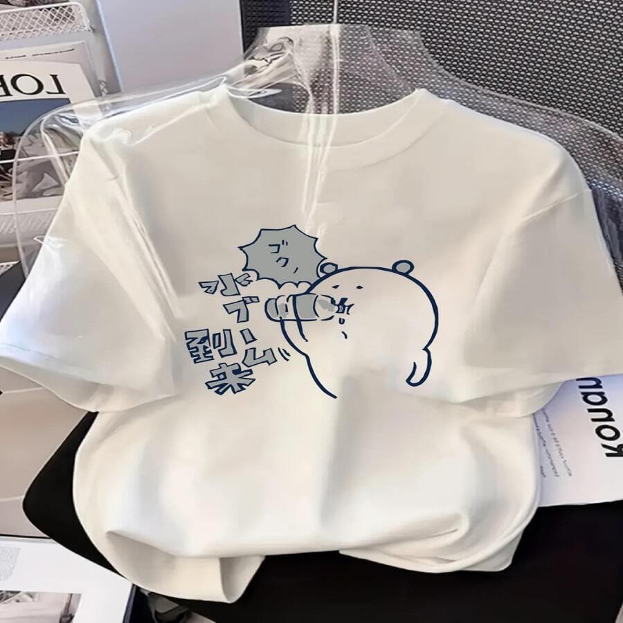Camiseta extra grande de manga corta, larga y holgada con un lindo diseño de dibujos animados, perfecta para un estilo casual Y2K de verano - Multicolor - Ver 1