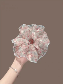 Pastoral Floral Tulle Scrunchie For Women, Light Blue Trim Hair Tie, Gentle Hair Accessory - Multicolor - View 7