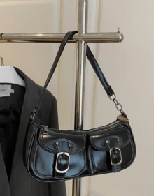 New Fashion Double Pocket Decor Handbag, Suitable For Parties, Outings, Vacations, Shopping And Daily Use, Can Store Coins, Phones, Also Suitable As A Work Bag For White-Collar, College Students And Office Workers, Elegant Ladies Bag - Black - View 1
