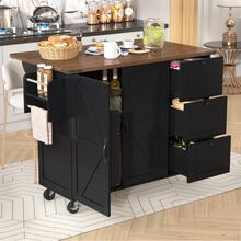 Kitchen Island Table, Dining Cart With Sliding Countertop, Cabinet, Kitchen Cart, Dining Cart With Wood Finish, Three-Drawer, Two-Door Dining Cart, Black - Black - View 7