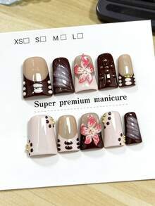 10pcs Pure Handmade Press On Nails Mid-Length Duckbill Nail Brown Beige Pink And Golden Nails With Three-Dimensional Flowers Fancy Cute Pain Y2k Gentle Stroble Flash Temperament For Women And Gril,Spring Summer Fall Winter,Holiday And Dailys Life Use - Multicolor - View 1