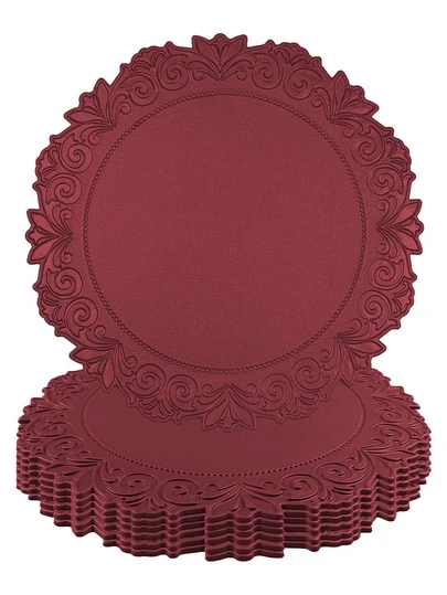 2/4/6pcs 15-Inch Burgundy Thick Vintage Lace Leather Placemats, 3.94-Inch Coasters, Washable Round Heat-Resistant Insulation Mats For Western Restaurant And Hotel Decor