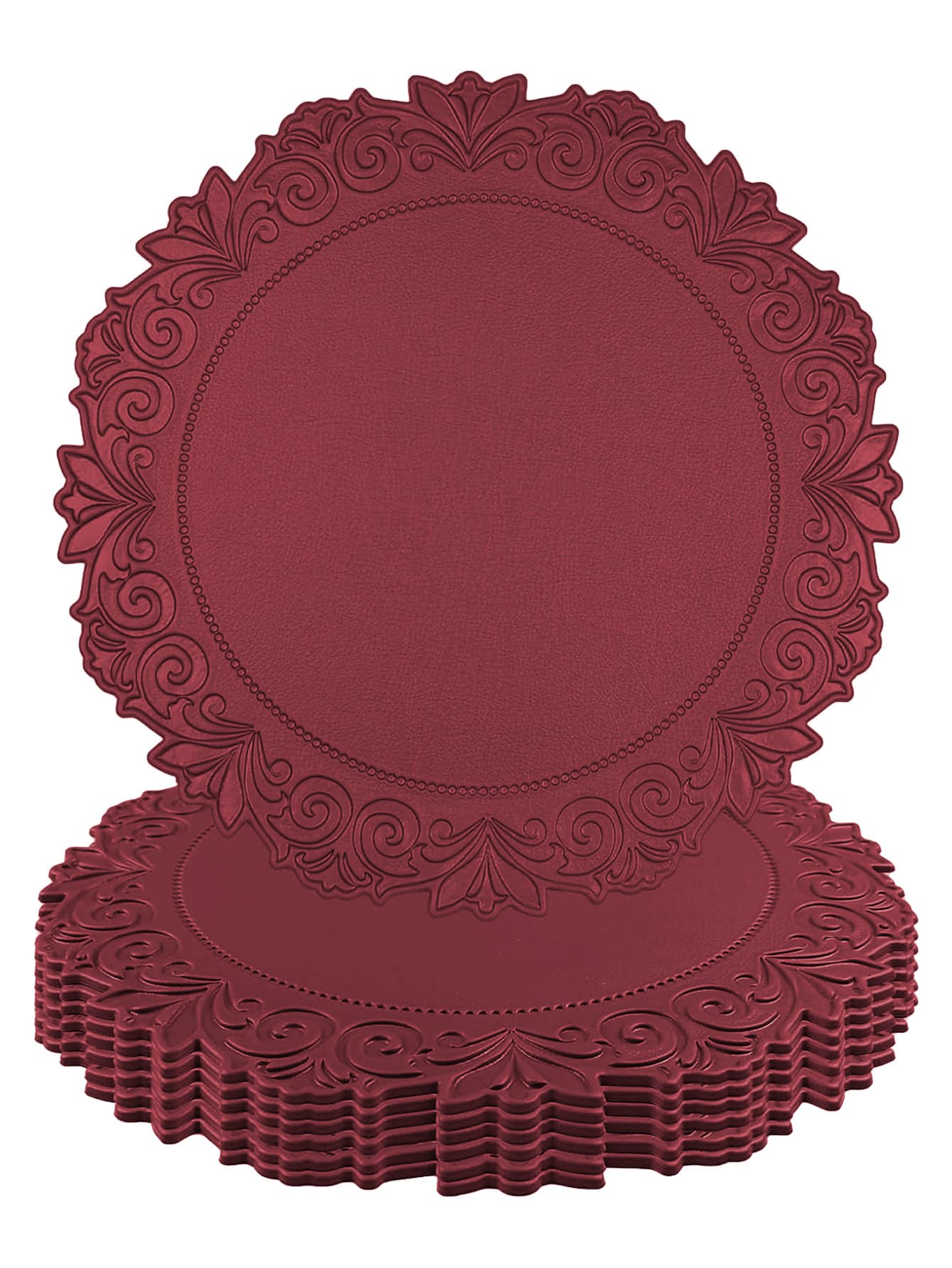 2/4/6pcs 15 Inch Deep Burgundy Thickened Vintage Lace Faux Leather Placemats, 3.94 Inch Coasters, Western Restaurant Hotel Decor Washable Round Heat-Resistant Insulated Mats