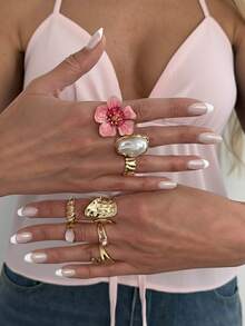 8件套优雅几何仿珍珠滴油花朵不规则仿珍珠水滴叠戴戒指套装，奢华珠宝，适合婚礼、派对、度假、日常休闲、街拍，女士及情侣礼物 - 戒指 - 查看 3
