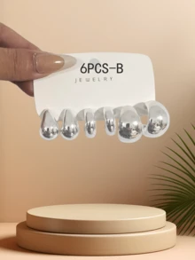 4-16pcs Asymmetrical Teardrop C-Shaped Smooth Floral Earrings Set, Earring Jewelry Combination - Silver - View 6