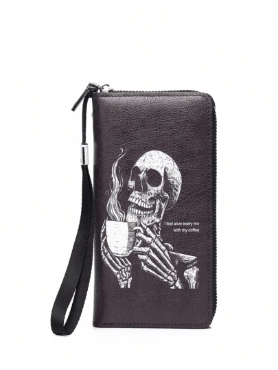 新款单层腕式手机钱包，多卡位设计，复古白色骷髅涂鸦图案，父亲节、圣诞节、万圣节男士礼物佳选，可作钱包、长款钱包、腕包等。