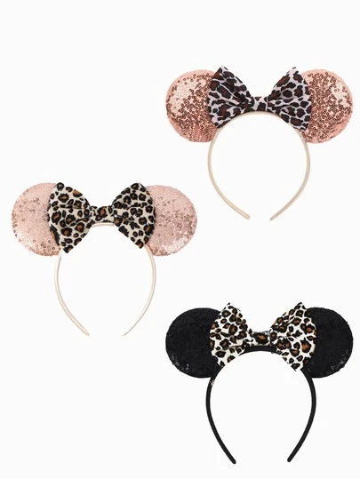 1pc Eye-Catching Cute Cartoon Leopard Print Ears Headband, Decorative Sequins Bows Hair Accessory, Fancy Sequin Ear Headband With Bow, Modern Cosplay Costume Hair Accessories, Perfect For Student Party, Masquerade, Cosplay, Theme Park, Holiday Parties