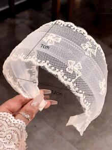 1pc White Lace Bow Wide-Banded Non-Slip Headband, High Crown Facial Washing Hair Accessory - White - View 3