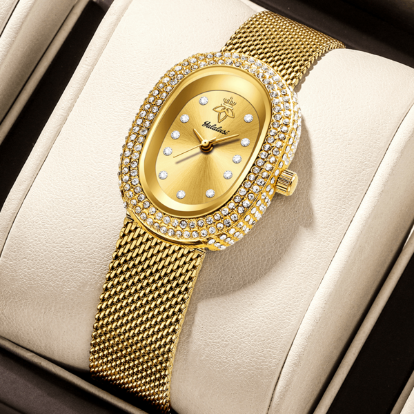 YaLaLuSi Brand Elegant Women's Quartz Watch Exquisite Oval Dial Crystal-Studded Hour Markers Crystal-Embellished Bezel Gold-Tone Watch Includes Strap Adjuster Perfect For Parties And Everyday Wear Ideal Gift For Family And Loved Ones Top Choice For All Holiday Occasions Best Gift Memorable Present