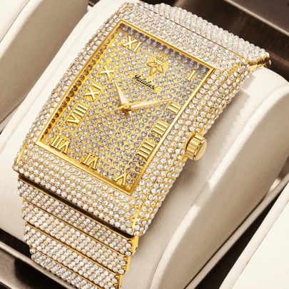 YaLaLuSi品牌奢华金色动力腕表，方形表盘，罗马数字时标，表身镶嵌水晶，尽显优雅气质。配备表带调节器，是聚会、派对和日常佩戴的完美之选。也是送给男友、家人和兄弟的理想礼物，更是所有节日和生日礼物的最佳选择。