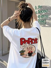 女士纯棉长袖印花白色T恤，时尚夏季打底衫 - 白色 - 查看 1