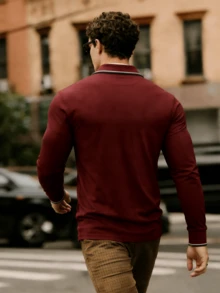 Polo de golf para hombres, camisa polo de estilo casual elegante y de negocios, diseño con botones y cuello, manga larga, primavera - Burdeos - Ver 5