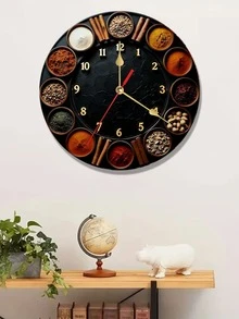 1 Quiet 10/12-Inch Round Wooden Clock With Various Spices And Seasonings | Quartz Movement, Multicolor With Golden Accents, Battery-Powered (AA Battery Not Included), Ideal For Bedroom, Kitchen, Study, Garage, Christmas Decor, Living Room - A - View 1