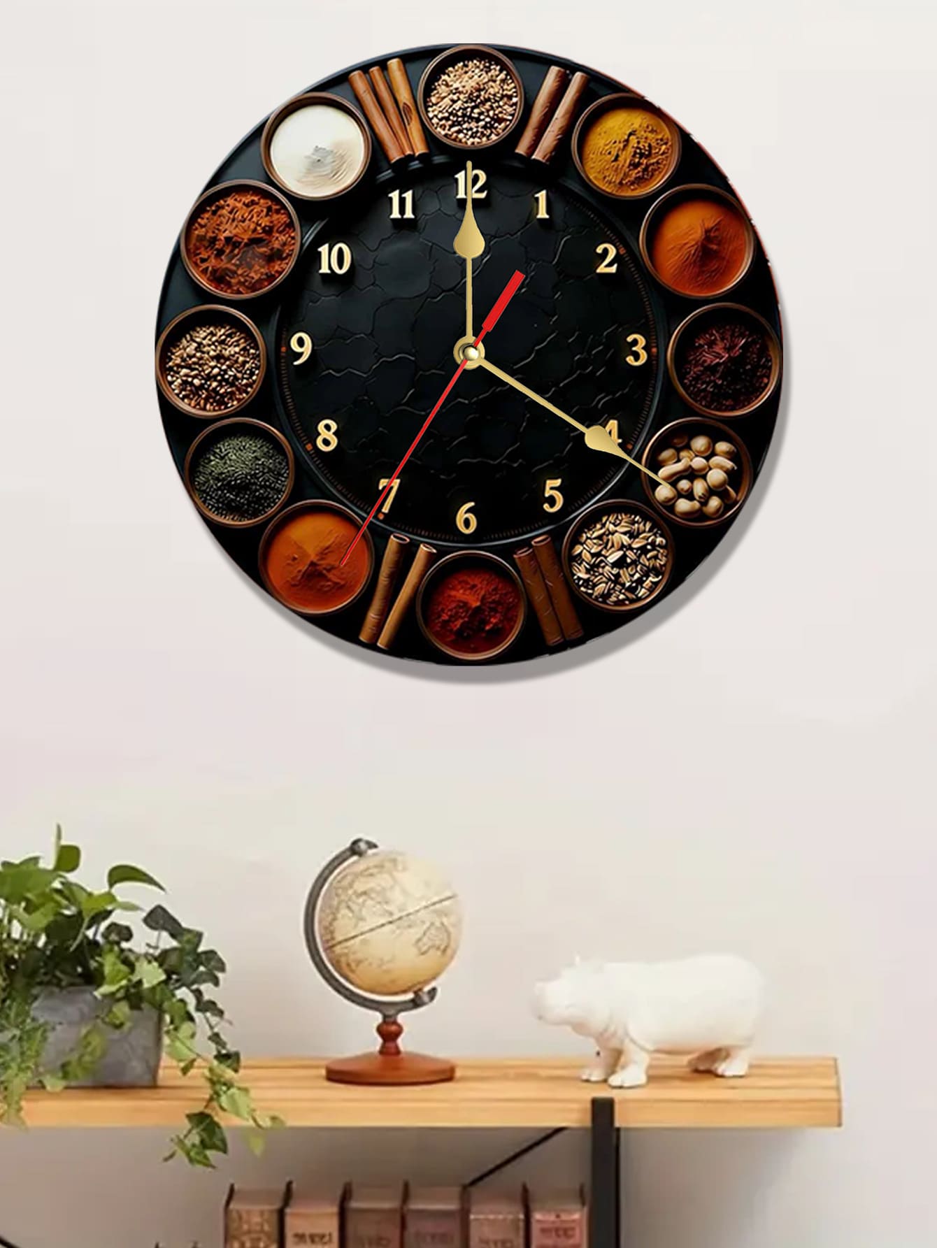 1 Quiet 10/12-Inch Round Wooden Clock With Various Spices And Seasonings | Quartz Movement, Multicolor With Golden Accents, Battery-Powered (AA Battery Not Included), Ideal For Bedroom, Kitchen, Study, Garage, Christmas Decor, Living Room - A - View 1