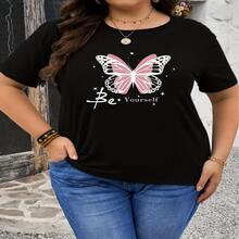 Talla Grande - Camiseta Casual para Mujer en Rosa con Estampado de Mariposas, Cuello Redondo Elástico para Verano, Lavable a Máquina para Mayor Comodidad, Diseño Holgado, Mangas Cortas Vibrantes y Tejido Opaco - Multicolor - Ver 1
