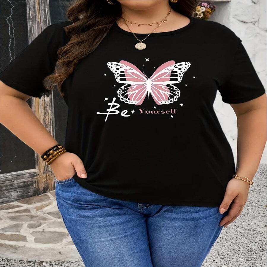 Talla Grande - Camiseta Casual para Mujer en Rosa con Estampado de Mariposas, Cuello Redondo Elástico para Verano, Lavable a Máquina para Mayor Comodidad, Diseño Holgado, Mangas Cortas Vibrantes y Tejido Opaco - Multicolor - Ver 1
