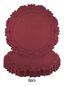 2/4/6pcs 15 Inch Deep Burgundy Thickened Vintage Lace Faux Leather Placemats, 3.94 Inch Coasters, Western Restaurant Hotel Decor Washable Round Heat-Resistant Insulated Mats - Burgundy - View 9