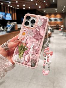 1pc Fashion Tulip & Butterfly Pattern Phone Case With Bow Lanyard, Soft TPU Shockproof Full-Body Protective Phone Cover Compatible With IPhone 17/17 Air/17 Pro/17 Pro Max/16/16 Plus/16 Pro/16 Pro Max/15/14 Plus/13/12/11, Thickened Anti-Scratch Leather Texture Phone Protective Case - Pink - View 2