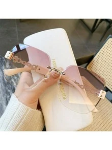 1pc Fashionable Frameless Chain Temple Retro Large Frame Fashion Glasses, Elegant Accessory - Gold Silver - View 3