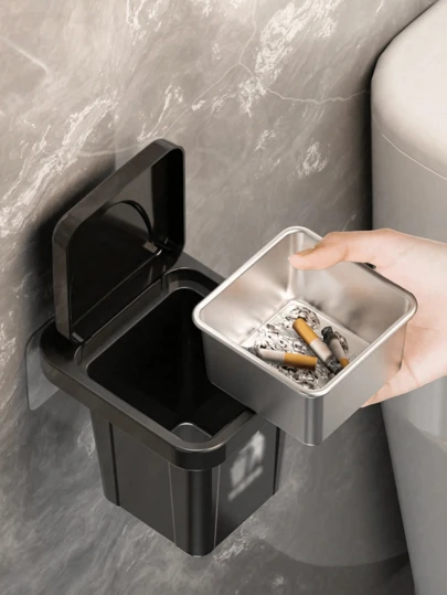 Stainless Steel Wall Mounted Ashtray With Lid,Hanging Garbage Bin, Trash Can Shape - Anti-Flying Ash, Creative Home And Bathroom Decoration, Suitable For Living Room, Bedroom, Holiday Gift,Waste Bin For Home, Office, Toilet, Kitchen