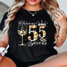 Camiseta con estampado de letras "¡Salud por 55 años!", Top casual de manga corta y cuello redondo para verano y primavera, Ropa de mujer - Multicolor - Ver 1