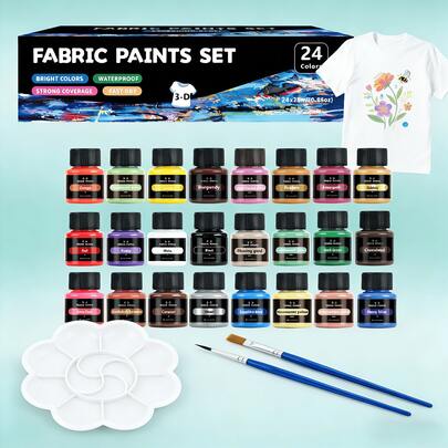 24-Color Fabric Paint Set, Including 2 Paintbrushes, 1 Palette, And 25ml (0.85 Fl Oz) Textile Paint Per Color. Ideal For DIY Projects And Crafts On T-Shirts, Shoes, Jeans, Bags, And More. A Perfect Gift Choice For Festivals.