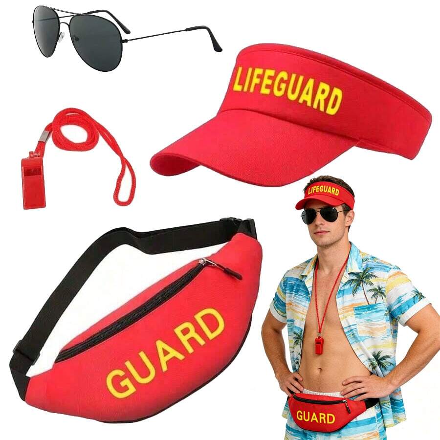 1/2/3/4/5 Pcs Summer New Lifeguard Costume Set, Includes Swimsuit, Sunhat, Red Fashion Glasses, Whistle, Surfboard Bag, Beach Holiday Outfit, Suitable For Halloween, Cosplay Party - Multicolor - View 1