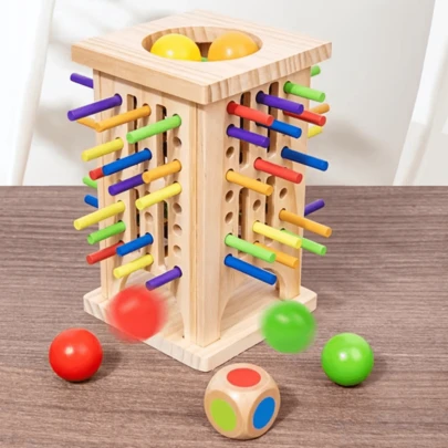 1pc Interactive Wooden Stacking Tower Game, Play & Learn, Develop Fine Skills, Logic Thinking & Problem Solving, Cognitive Development Game, Random Ball Color