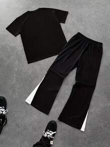 Y2K Millennial Style Urban Star No. 23 Flare Pants Set American Retro Streetwear Short-Sleeve Two-Piece Set.Graphic T Shirt.Mens Clothes.Men 2 Piece Set.ROMWE.Men 2 Piece Set.Pantalones De Hombre.Graphic Tees Men.Manfinity Men - Black - View 2