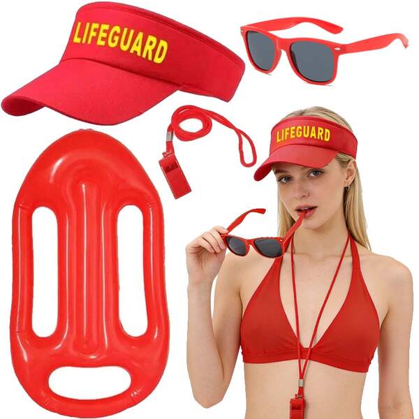 1/3/4pcs Lifeguard Costume Set Including 1 Inflatable Whistle, 1 Pair Of Goggles, And 1 Adjustable Hat. Adult Lifeguard Roleplay Outfit Suitable For Pool Activities, Halloween Celebrations, Carnival Parties, Beach And More