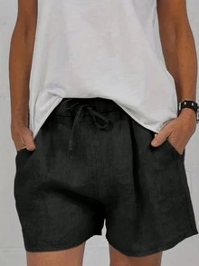 Women's Drawstring Wide Leg Woven Shorts With Pockets, Casual Non-Stretch Black Summer - Black - View 1
