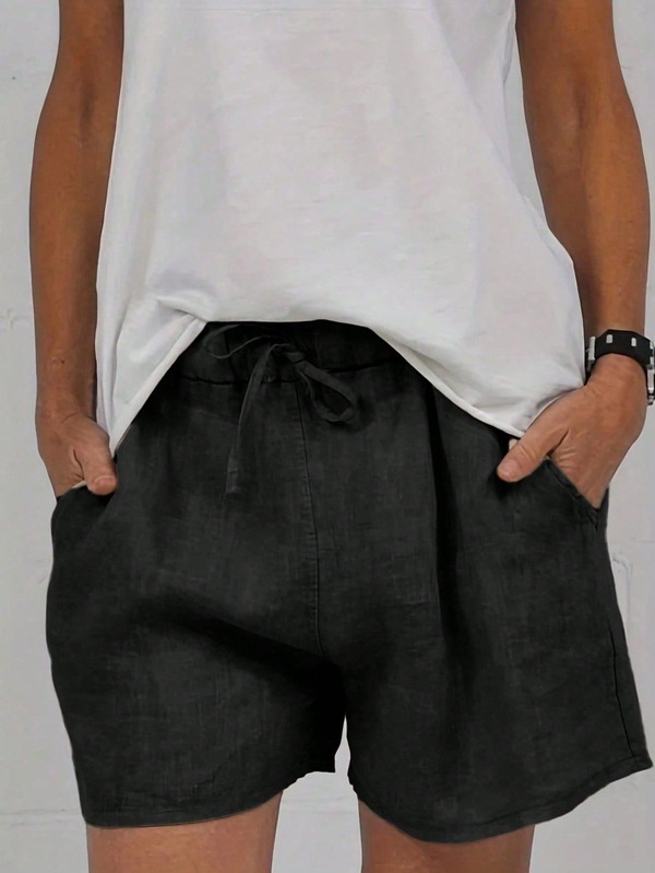 Pantalones cortos de verano casuales de tela con cordón, pierna ancha y bolsillos, sin estiramiento, color negro