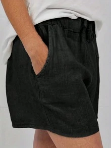 Women's Drawstring Wide Leg Woven Shorts With Pockets, Casual Non-Stretch Black Summer - Black - View 3