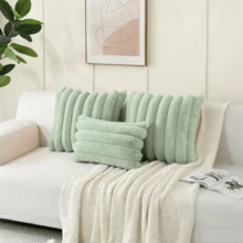 1pc Solid Color Cushion Cover Without Filler, Soft Faux Rabbit Fur Big Striped Cushion Cover, For Living Room Sofa - Sage Green - View 4