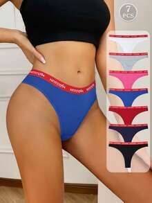 7pcs Contrast Color Ribbed Cotton Thong Panties, Elastic & Comfortable Women's Underwear - Multicolor - View 2
