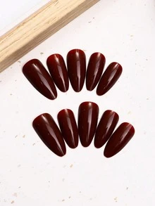 ARTAUG 120pcs Almond Shaped Pure Burgundy Nail Stickers, Minimalist High Gloss Design Fake Nails DIY Manicure Set, Suitable For Daily Wear And Special Occasions, For Women And Girls - Multicolor - View 4