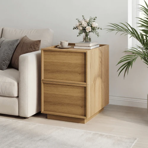 Medieval-Modern Oak Bedside Table, 38 X 48 X 50 Cm, Bedside Table For Bedroom, Handleless Drawer Design, 1 Piece. - Oak - View 1