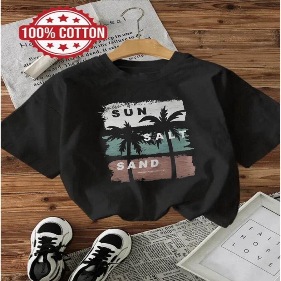 Camiseta Negra para Mujer - Estampado SUN SALT SAND - Algodón Suave y Transpirable para Vacaciones en la Playa - Outfit Casual de Verano - Lavable a Máquina, Corte Holgado, Camiseta de Playa - Multicolor - Ver 1