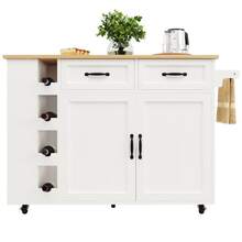 Kitchen Island Table, Kitchen Cart With Power Outlet, Cabinet, Removable Dining Cart With Wine Rack, Dining Cabinet, Dining Cart With Wood Finish, Sideboard, White - White - View 9